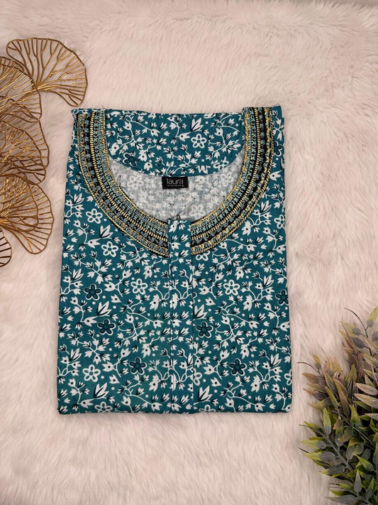 Midnight green Printed 12" Long Zip Pure Cotton Matching Neck Embroidery Feeding Nighty Free Size Short Sleeve (Suits for bra size 34″- 40″ | 54-56 inch length)