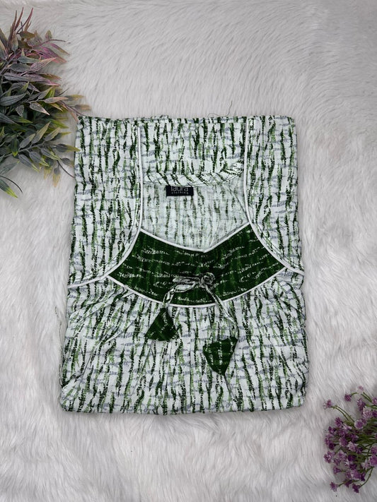 Ash Grey Printed Square Neck No Zip Pleated Pure Cotton Nighty Free Size Short Sleeve (Suits for bra size 34″- 40″ | 54-56 inch length)