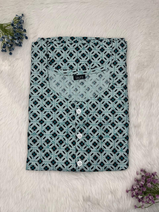 Cadet Grey Printed Round Neck Pure Cotton Full Open Button Labour Room Nighty Free Size Short Sleeve (Suits for bra size 34″- 40″ | 54-56 inch length)
