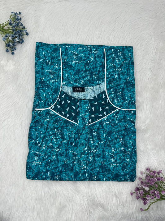 Bondi Blue Printed Square Neck Pleated Zip Pure Cotton Nighty Free Size Short Sleeve (Suits for bra size 34″- 40″ | 54-56 inch length)