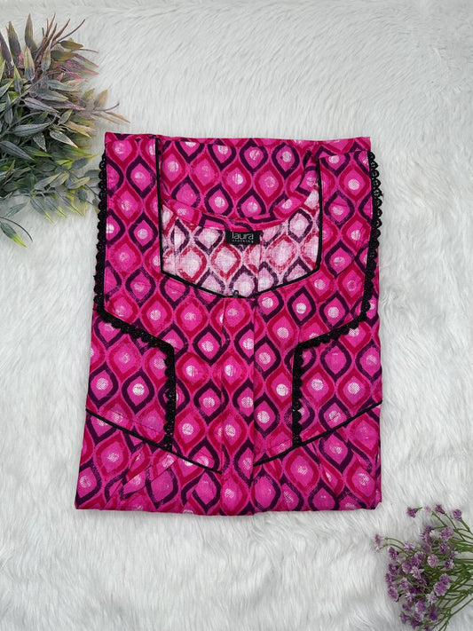 Deep Cerise Printed Square Neck Centre Long 12" Zip Pure Cotton Feeding Nighty Free Size Short Sleeve (Suits for bra size 34″- 40″ | 54-56 inch length)