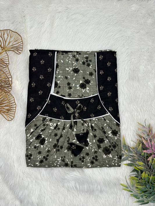 Battleship Gray Printed Front and Onyx Pleated Pure Cotton Nighty Free Size Short Sleeve (Suits for bra size 34″- 40″ | 54-56 inch length)