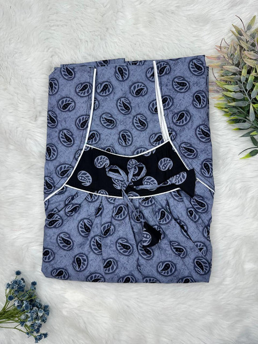 Glaucous Printed Front and Claret Pleated Pure Cotton Nighty Free Size Short Sleeve (Suits for bra size 34″- 40″ | 54-56 inch length)