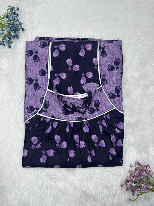 Oxford Blue and Lavender Purple Printed Front and Back Pleated Pure Cotton Nighty Free Size Short Sleeve (Suits for bra size 34″- 40″ | 54-56 inch length)