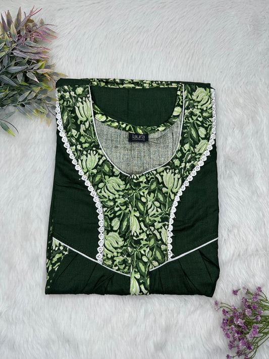 Dark Jungle Green Printed Round Neck Centre Long 12" Zip Pure Cotton Feeding Nighty Free Size Short Sleeve (Suits for bra size 34″- 40″ | 54-56 inch length)