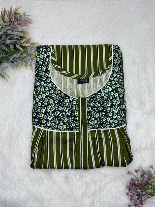 Myrtle and Dark Jungle Green Printed Round Neck Pleated Pure Cotton Feeding Nighty With Two Side Vertical Zip and Single Centre Zip Free Size Short Sleeve (Suits for bra size 34″- 40″ | 54-56 inch length)