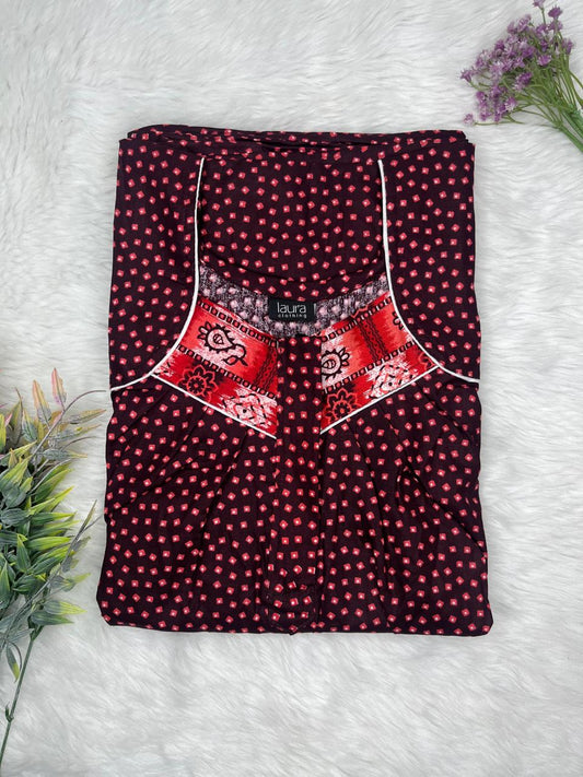 Vivid Burgundy Printed Square Neck Pleated Zip Pure Cotton Nighty Free Size Short Sleeve (Suits for bra size 34″- 40″ | 54-56 inch length)