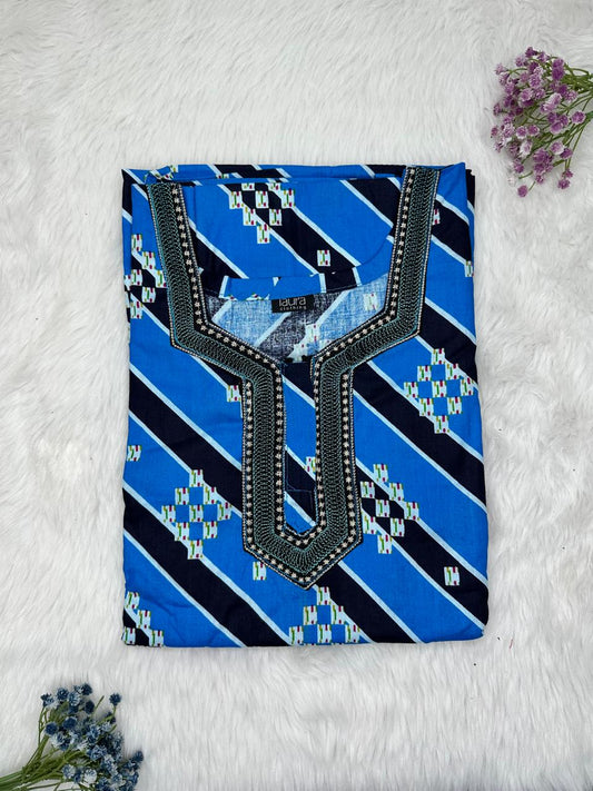 Medium Teal Blue Normal Zip Embroidery Neck Pure Cotton Nighty Plus Size Short Sleeve (Suits for bra size 40″- 46″ | 54-56 inch length)