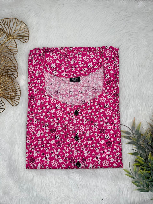 Rich Maroon and Languid Lavender Printed Square Neck Pure Cotton Full Open Button Labour Room Nighty Free Size Short Sleeve (Suits for bra size 34″- 40″ | 54-56 inch length)