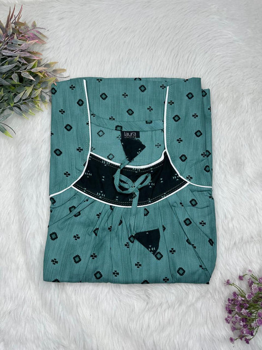 Cadet Blue Printed Square Neck No Zip Pleated Pure Cotton Nighty Free Size Short Sleeve (Suits for bra size 34″- 40″ | 54-56 inch length)