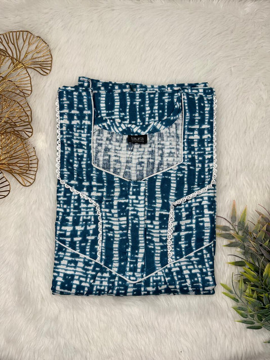 Prussian Blue and Pastel Gray Printed Square Neck Normal Zip Pure Cotton Nighty Free Size Short Sleeve (Suits for bra size 34″- 40″ | 54-56 inch length)