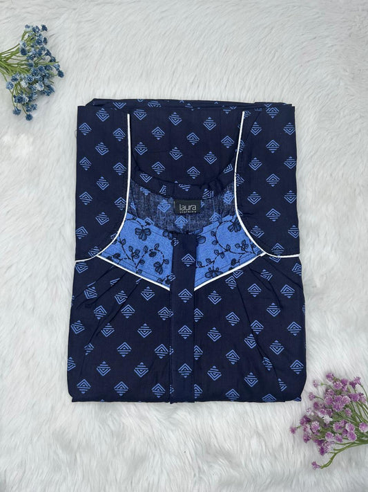Oxford Blue Printed Square Neck Pleated Zip Pure Cotton Nighty Free Size Short Sleeve (Suits for bra size 34″- 40″ | 54-56 inch length)