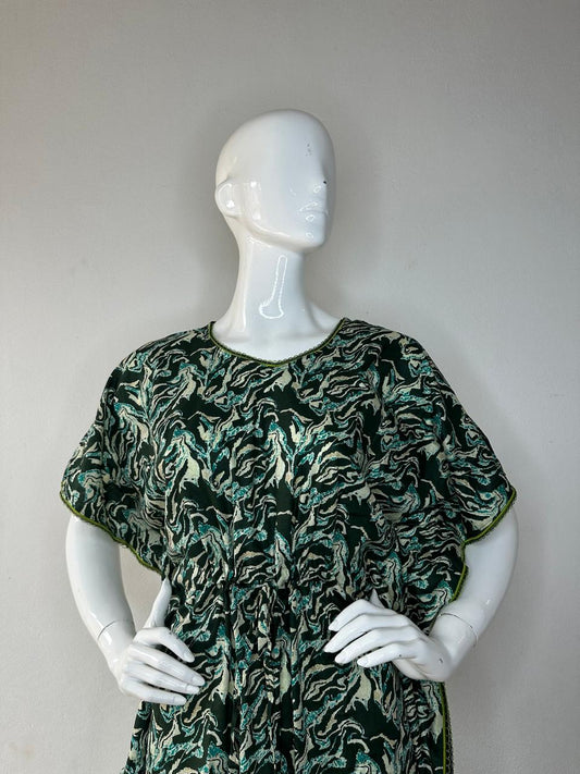 Hooker Green and Black Printed Pure Cotton V-Neck Kaftan With Matching Border Lace And Adjustable Tie Free Size (Suits for bra size 34″- 40″) | 54-56 Inch Length