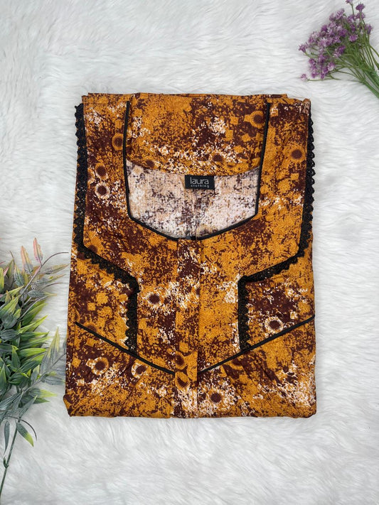 Light Brown Printed Mix and Match Square Neck Centre Long 12" Zip Pure Cotton Feeding Nighty Free Size Short Sleeve (Suits for bra size 34″- 40″ | 54-56 inch length)