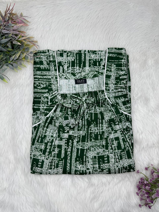 Dark Green Printed Cotton Square Neck Elastic Pleated Nighty Free Size Short Sleeve (Suits for bra size 34″- 40″ | 54-56 inch length)