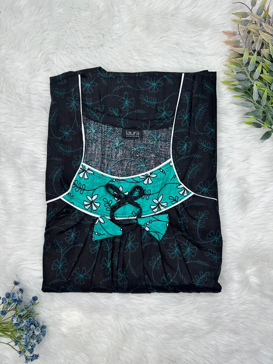 Onyx and Light Sea Green Printed Square Neck No Zip Pleated Pure Cotton Nighty Free Size Short Sleeve (Suits for bra size 34″- 40″ | 54-56 inch length)
