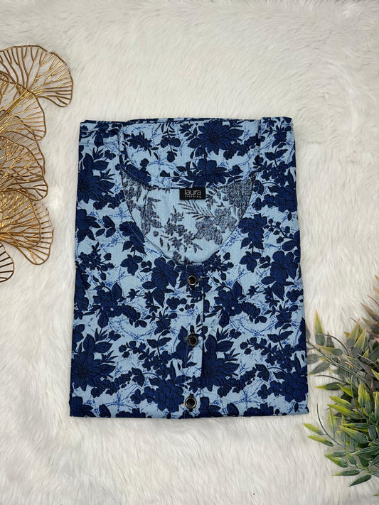 Oxford Blue and Cadet Grey Printed Round Neck Pure Cotton Full Open Button Labour Room Nighty Free Size Short Sleeve (Suits for bra size 34″- 40″ | 54-56 inch length)