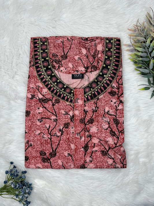 Ruddy Pink Printed 12" Long Zip Matching Embroidery Neck Pure Cotton Feeding Nighty Plus Size Short Sleeve (Suits for bra size 40″- 46″ | 54"-56" inch length)