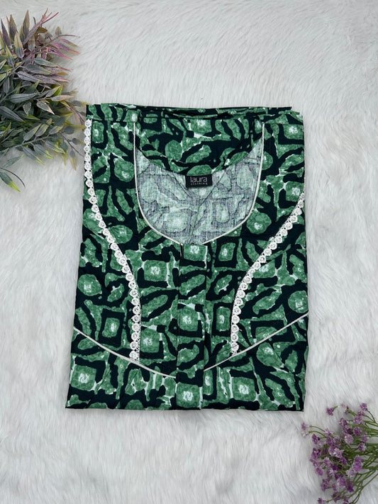 Hooker Green Printed Round Neck Centre Long 12" Zip Pure Cotton Feeding Nighty Free Size Short Sleeve (Suits for bra size 34″- 40″ | 54-56 inch length)