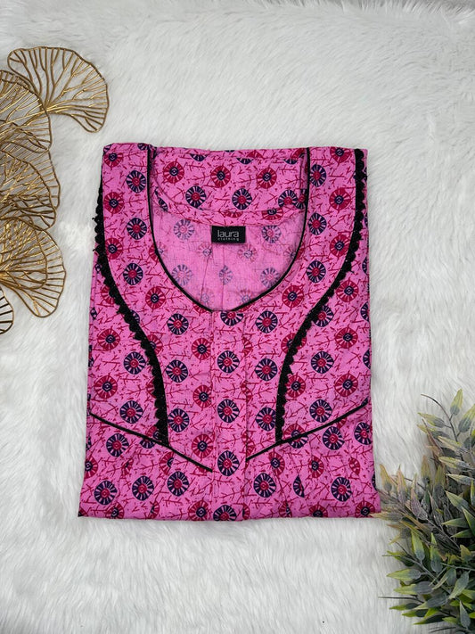 Persian Pink Printed Round Neck Centre Long 12" Zip Pure Cotton Feeding Nighty Free Size Short Sleeve (Suits for bra size 34″- 40″ | 54-56 inch length)