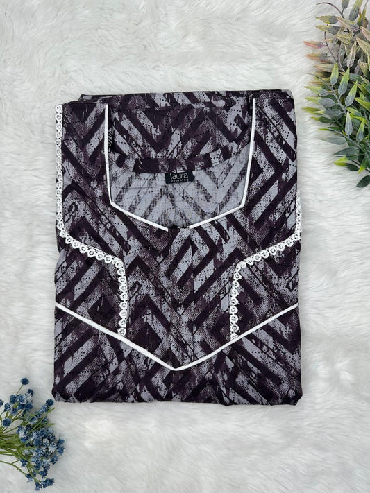Taupe Gray Printed Square Neck Normal Zip Pure Cotton Nighty Free Size Short Sleeve (Suits for bra size 34″- 40″ | 54-56 inch length)