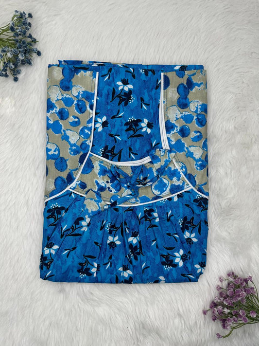 Medium Electric Blue Printed Front and Back Pleated Pure Cotton Nighty Free Size Short Sleeve (Suits for bra size 34″- 40″ | 54-56 inch length)