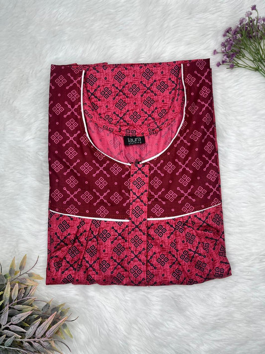 Burgudny and Dark Pink Printed Mix N Match Square Neck Pleated Cotton Nighty With Centre -8″ Zip Short Sleeve Free Size (Suits for bra size 34″- 40″ | 54-56 inch length)
