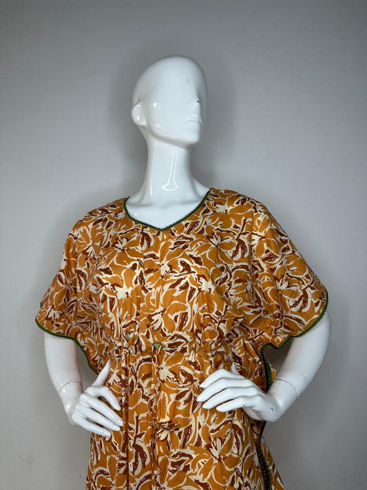 Copper and Bone printed Pure Cotton V-Neck Kaftan With Matching Border Lace And Adjustable Tie Free Size (Suits for bra size 34″- 40″) | 54-56 Inch Length