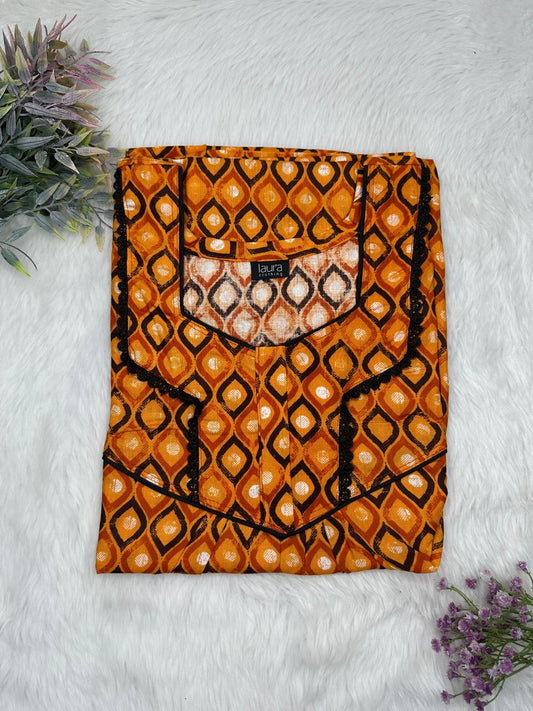 Rusty Orange and Ochre Printed Square Neck Normal Zip Pure Cotton Nighty Free Size Short Sleeve (Suits for bra size 34″- 40″ | 54-56 inch length)