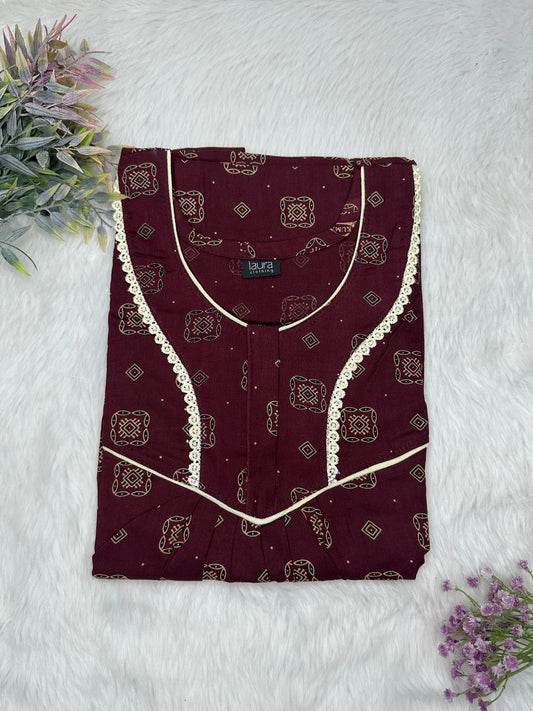 Dark Sienna Printed Round Neck Normal Zip Pure Cotton Nighty Free Size Short Sleeve (Suits for bra size 34″- 40″ | 54-56 inch length)