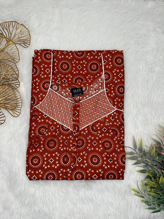 UP Maroon Printed Square Neck Pleated Zip Pure Cotton Nighty Free Size Short Sleeve (Suits for bra size 34″- 40″ | 54-56 inch length)