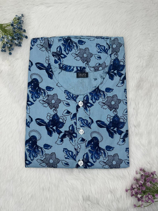Moonstone Blue Printed Round Neck Pure Cotton Full Open Button Labour Room Nighty Free Size Short Sleeve (Suits for bra size 34″- 40″ | 54-56 inch length)