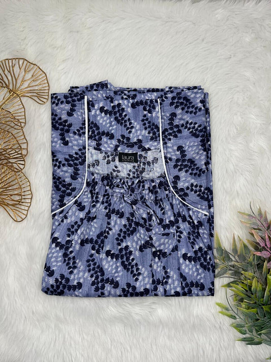 Glaucous Printed Pure Cotton Square Neck Elastic Pleated Nighty Free Size Short Sleeve (Suits for bra size 34″- 40″ | 54-56 inch length)