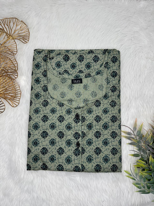 Xanadu and Charcoal Printed Square Neck Pure Cotton Full Open Button Labour Room Nighty Free Size Short Sleeve (Suits for bra size 34″- 40″ | 54-56 inch length)