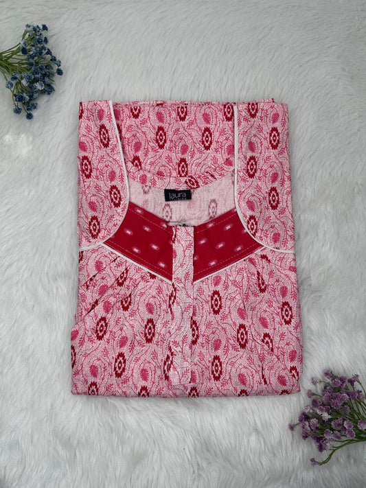 Pale chestnut Pink Printed Square Neck Pleated Zip Pure Cotton Nighty Free Size Short Sleeve (Suits for bra size 34″- 40″ | 54-56 inch length)