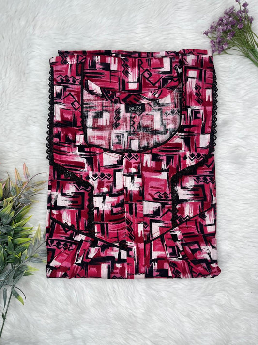 Bright Maroon Printed Mix and Match Square Neck Centre Long 12" Zip Pure Cotton Feeding Nighty Free Size Short Sleeve (Suits for bra size 34″- 40″ | 54-56 inch length)