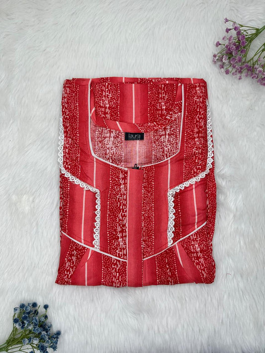 Brick Red Printed Square Neck Centre Long 12" Zip Pure Cotton Feeding Nighty Free Size Short Sleeve (Suits for bra size 34″- 40″ | 54-56 inch length)