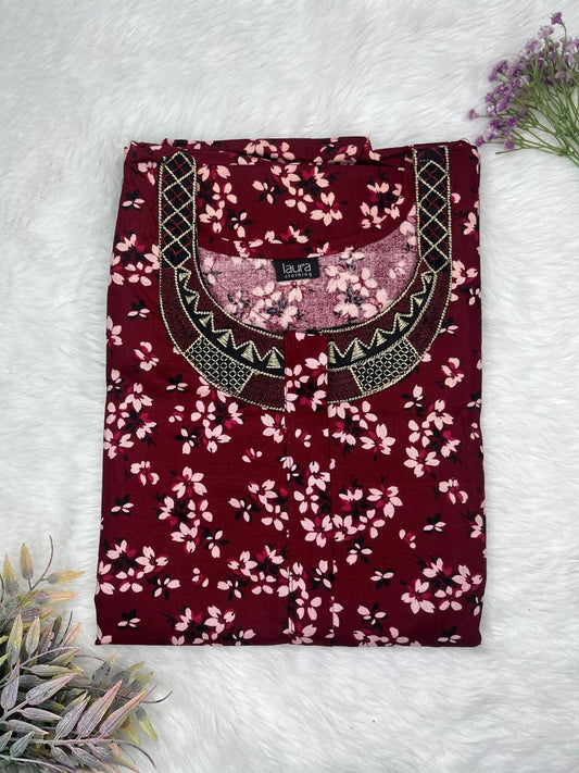 Dark Scarlet Printed 8" Long Zip Matching Embroidery Neck Pure Cotton Feeding Nighty Plus Size Short Sleeve (Suits for bra size 40″- 46″ | 54"-56" inch length)