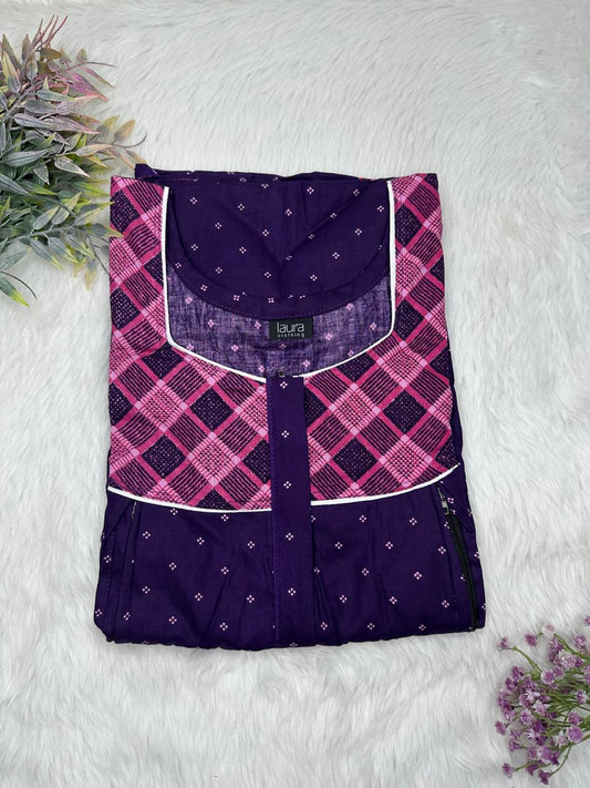 Persian Indigo and Mulberry Printed Square Neck Pleated Pure Cotton Feeding Nighty With Two Side Vertical Zip and Single Centre Zip Free Size Short Sleeve (Suits for bra size 34″- 40″ | 54-56 inch length)