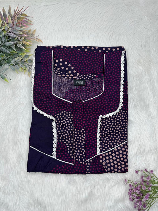 Tyrian Purple and Dark Blue Printed Square Neck Centre Long 12" Zip Pure Cotton Feeding Nighty Free Size Short Sleeve (Suits for bra size 34″- 40″ | 54-56 inch length)