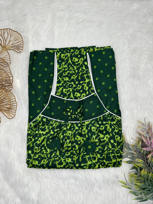 Olive Drab Printed Front and Phthalo Green Pleated Pure Cotton Nighty Free Size Short Sleeve (Suits for bra size 34″- 40″ | 54-56 inch length)