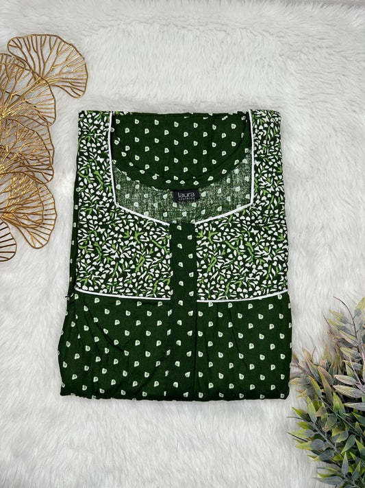 Phthalo Green and Platinum Printed Square Neck Pleated Pure Cotton Feeding Nighty With Two Side Vertical Zip and Single Centre Zip Free Size Short Sleeve (Suits for bra size 34″- 40″ | 54-56 inch length)