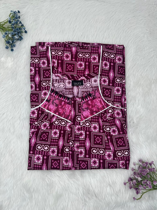 Tyrian Purple Printed Square Neck Pleated Zip Pure Cotton Nighty Free Size Short Sleeve (Suits for bra size 34″- 40″ | 54-56 inch length)