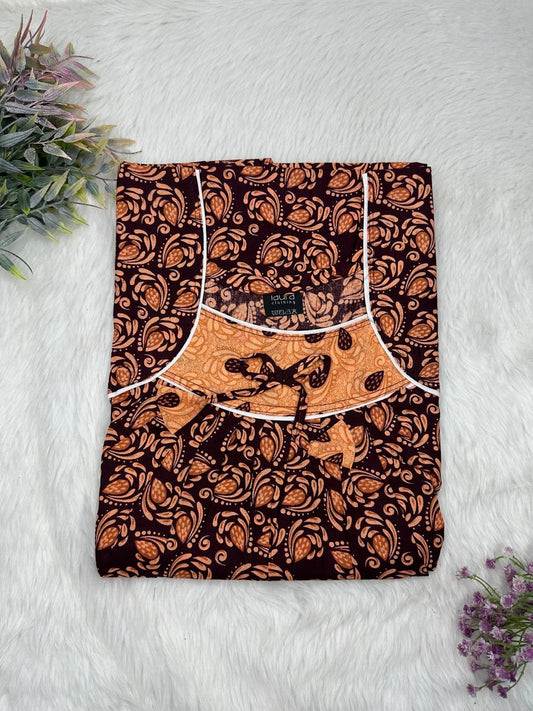 Pale Copper and Brown Printed Square Neck No Zip Pleated Pure Cotton Nighty Free Size Short Sleeve (Suits for bra size 34″- 40″ | 54-56 inch length)