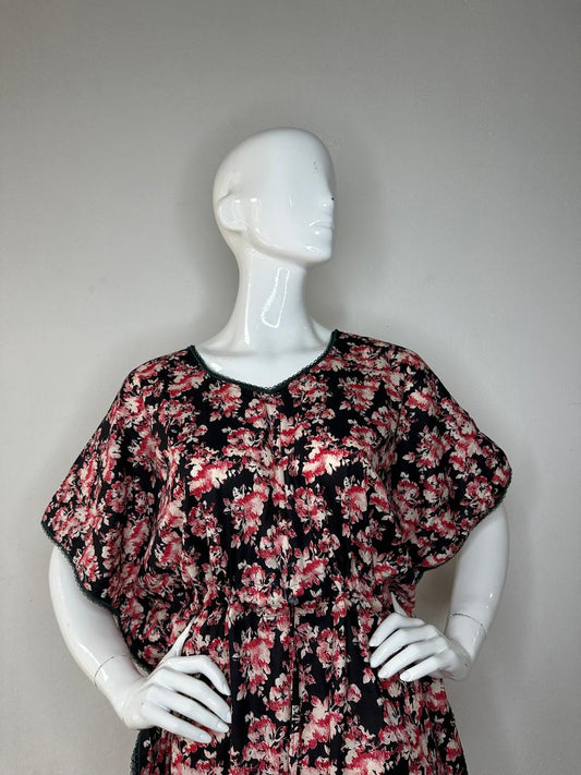 Rose Taupe and Onyx printed Pure Cotton V-Neck Kaftan With Matching Border Lace And Adjustable Tie Free Size (Suits for bra size 34″- 40″) | 54-56 Inch Length