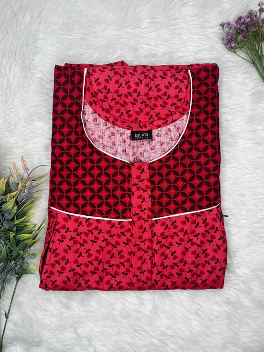 Vivid Auburn and Amaranth Printed Round Neck Pleated Pure Cotton Feeding Nighty With Two Side Vertical Zip and Single Centre Zip Free Size Short Sleeve (Suits for bra size 34″- 40″ | 54-56 inch length)
