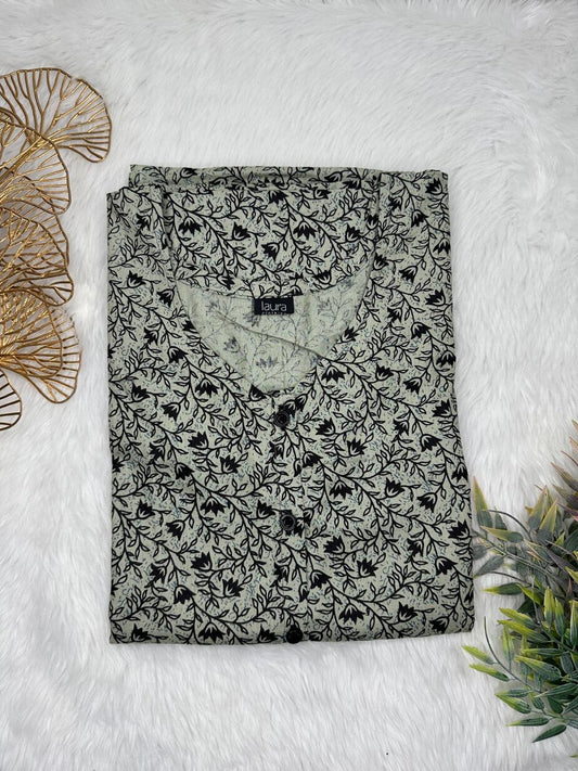Dark Gray and Onyx Printed Round Neck Pure Cotton Full Open Button Labour Room Nighty Free Size Short Sleeve (Suits for bra size 34″- 40″ | 54-56 inch length)