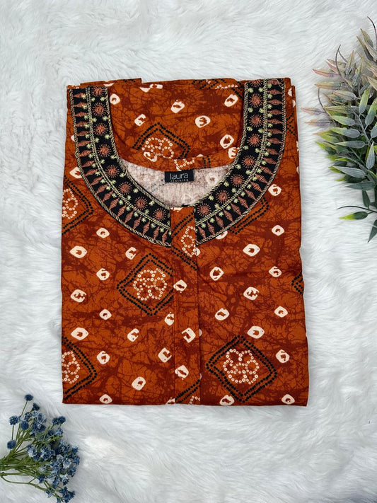 Rust Printed 12" Long Zip Matching Embroidery Neck Pure Cotton Feeding Nighty Plus Size Short Sleeve (Suits for bra size 40″- 46″ | 54"-56" inch length)