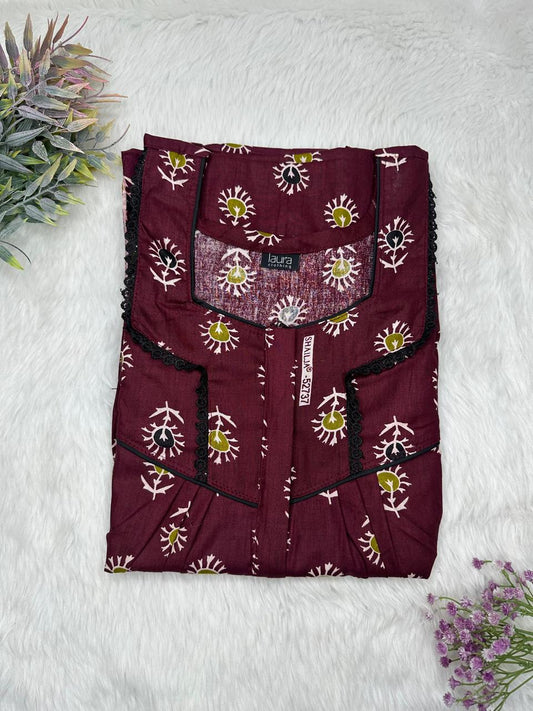 Dark Scarlet Printed Square Neck Centre Long 12" Zip Pure Cotton Feeding Nighty Free Size Short Sleeve (Suits for bra size 34″- 40″ | 54-56 inch length)