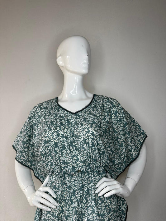 Dark Slate Gray and Munsell printed Pure Cotton V-Neck Kaftan With Matching Border Lace And Adjustable Tie Free Size (Suits for bra size 34″- 40″) | 54-56 Inch Length